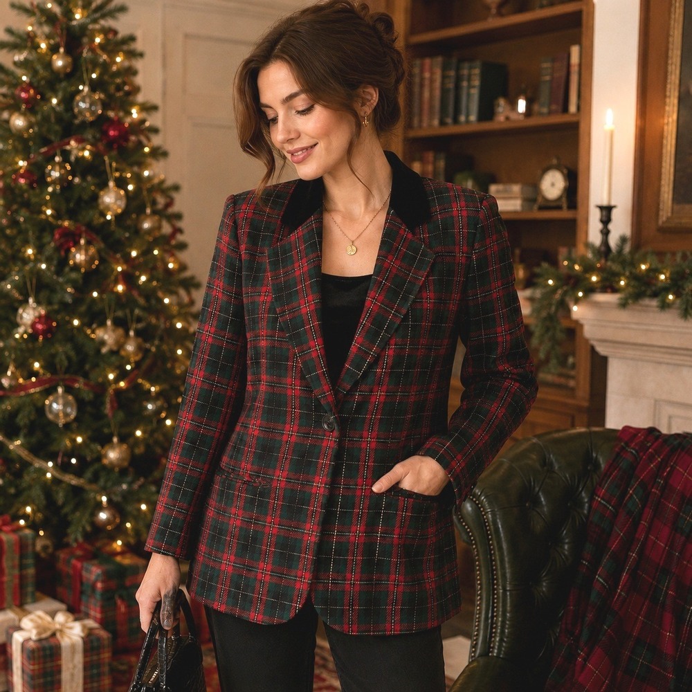 Sag Harbor Petite Blazer Womens 10 Red Plaid Tailored 90s Holiday Velvet Collar